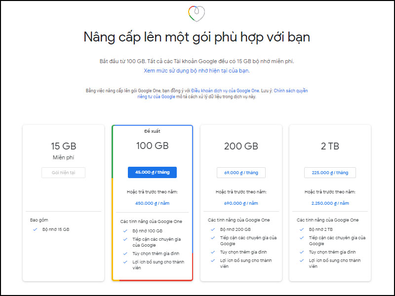 Bảng gi&aacute; dịch vụ lưu trữ đ&aacute;m m&acirc;y của Google Drive